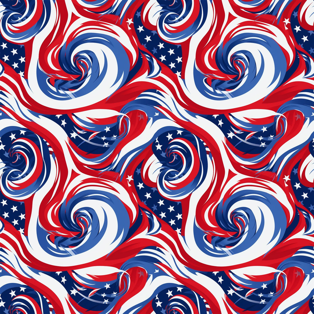 red, white, blue, patriotic, swirls, spirals, stars, flag colors, abstract pattern, flowing design,, fabric panel, american theme, dynamic movement, curved lines, repeating pattern, textile design, crafting material, seamless design
