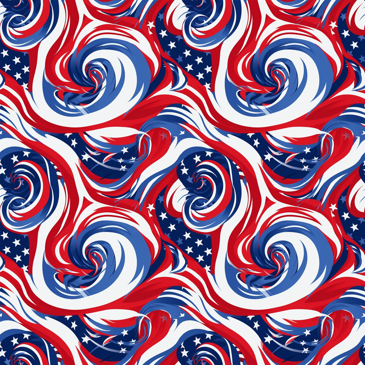 red, white, blue, patriotic, swirls, spirals, stars, flag colors, abstract pattern, flowing design,, fabric panel, american theme, dynamic movement, curved lines, repeating pattern, textile design, crafting material, seamless design