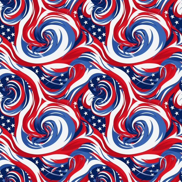 red, white, blue, patriotic, swirls, spirals, stars, flag colors, abstract pattern, flowing design,, fabric panel, american theme, dynamic movement, curved lines, repeating pattern, textile design, crafting material, seamless design
