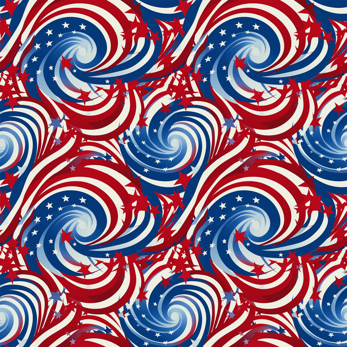 red, white, blue, patriotic swirls, spiral pattern, stars, american flag colors, dynamic swirls, whirlwind design,, fabric panel, fourth of july, memorial day, patriotic theme, repeating pattern, flowing spirals, star spangled, red white blue swirls, cotton fabric, geometric swirls