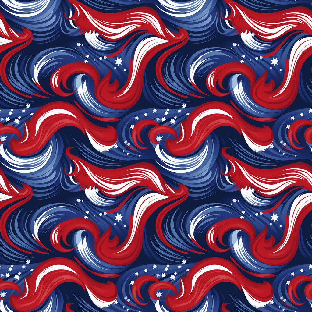 navy blue, red, white, swirls, stars, patriotic, abstract waves, flowing curves, americana,, fabric panel, dynamic movement, spirals, celestial elements, flag colors, seamless pattern, textile design, crafting material, repetitive motif