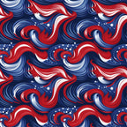 navy blue, red, white, swirls, stars, patriotic, abstract waves, flowing curves, americana,, fabric panel, dynamic movement, spirals, celestial elements, flag colors, seamless pattern, textile design, crafting material, repetitive motif