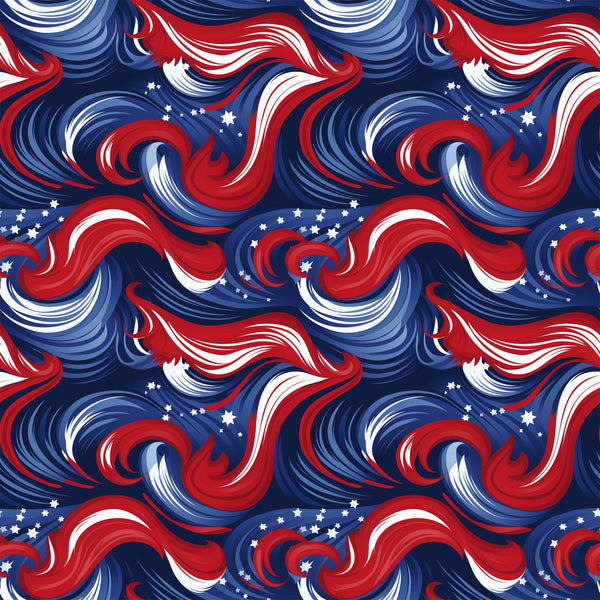 navy blue, red, white, swirls, stars, patriotic, abstract waves, flowing curves, americana,, fabric panel, dynamic movement, spirals, celestial elements, flag colors, seamless pattern, textile design, crafting material, repetitive motif