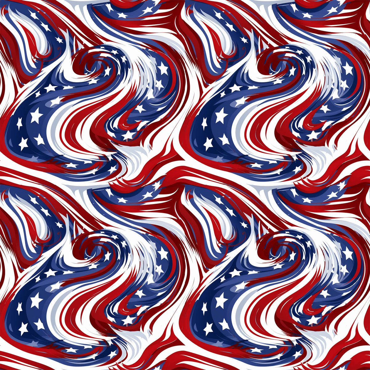 red, white, blue, patriotic swirls, flowing patterns, star motifs, abstract waves, marbled design,, fabric panel, american flag colors, dynamic movement, swirling textures, independence day, fourth of july, patriotic theme, cotton fabric, repeating pattern, fluid design