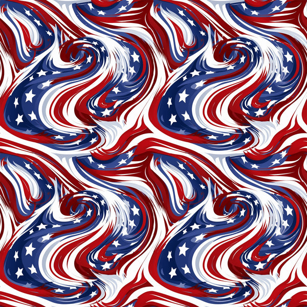 red, white, blue, patriotic swirls, flowing patterns, star motifs, abstract waves, marbled design,, fabric panel, american flag colors, dynamic movement, swirling textures, independence day, fourth of july, patriotic theme, cotton fabric, repeating pattern, fluid design