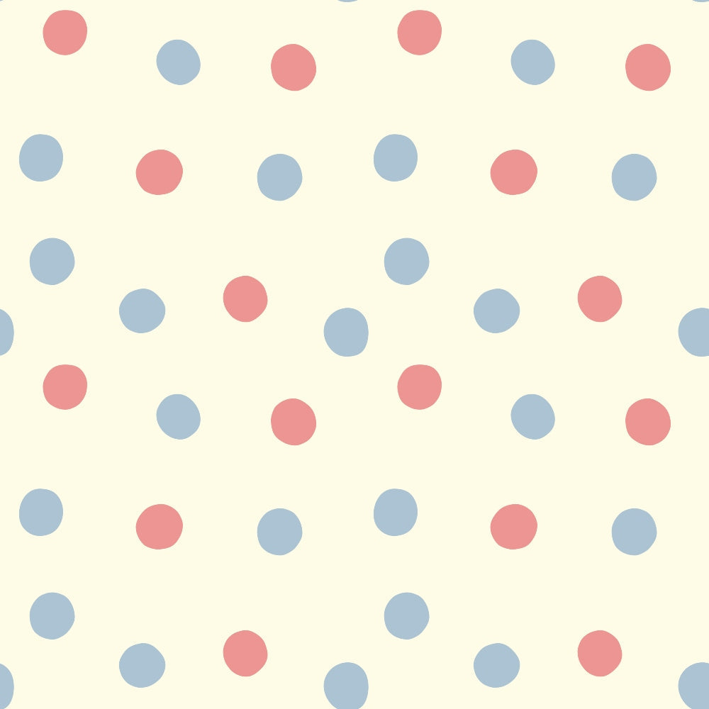 Vintage Angels in Heavenly Skies Scattered Dots fleece fabric with coral pink and dusty blue dots on a soft cream ground