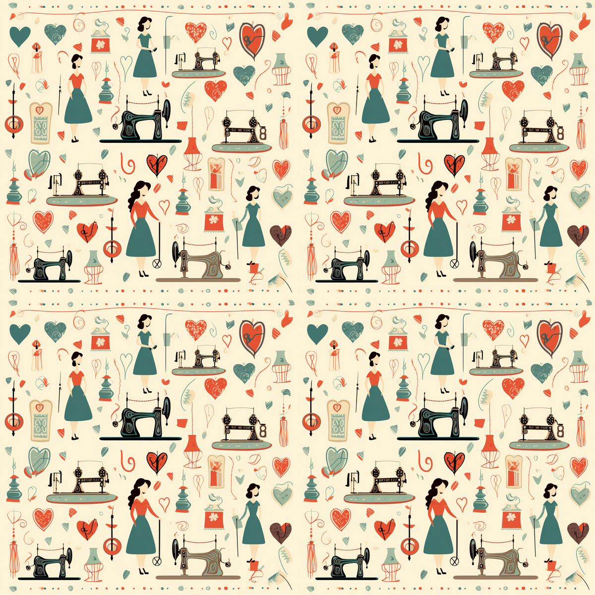 Pattern with vintage sewing machines, women in dresses, hearts, and thread spools on a beige background.