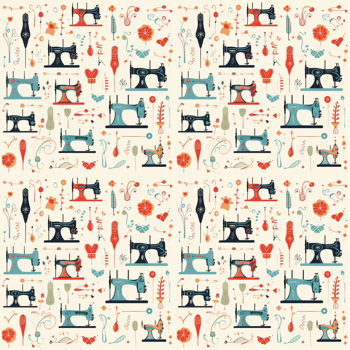 Patterned fabric with illustrations of vintage sewing machines, scissors, flowers, buttons, and needles in orange, blue, and gray hues, arranged in a repeating design.