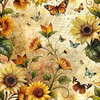 Illustration of sunflowers, leaves, and butterflies on a vintage textured background.