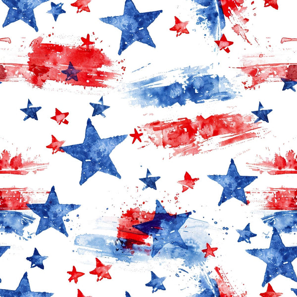 Stars and Stripes Pattern 10 fleece fabric with blue stars and red-and-blue watercolor brushstrokes on a white ground