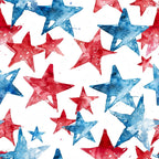 Stars and Stripes Pattern 17 fleece fabric with red and blue watercolor stars scattered across a white ground