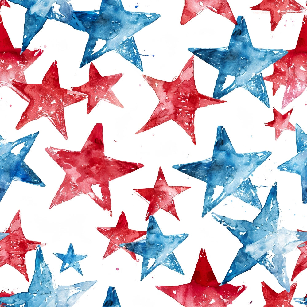 Stars and Stripes Pattern 17 fleece fabric with red and blue watercolor stars scattered across a white ground