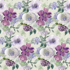 Watercolor Floral Art Pattern 2 Fabric, floral design, watercolor style, purple flowers, lavender, green leaves, cream background,, fabric yardage, soft texture, handcrafted, artistic print, botanical, vintage floral, fabric material, sewing cotton, delicate flowers.