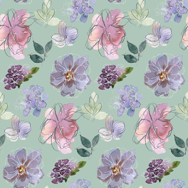 Watercolor Floral Art Pattern 4 Fabric, floral design, watercolor flowers, pink, purple, lavender, green leaves, botanical print, cotton fabric, quilting fabric, soft texture, artistic pattern, handcrafted style, premium, light green background.