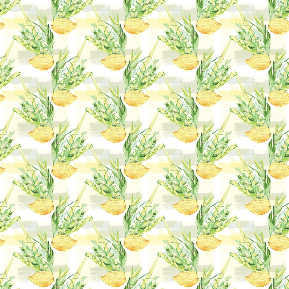 Repeated pattern of green leafy plants in round yellow pots on a light background.