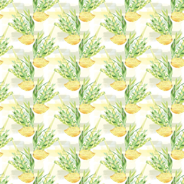 Repeated pattern of green leafy plants in round yellow pots on a light background.