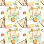 Seamless pattern with Sukkot symbols: sukkah, Star of David, citron, pomegranate, and text Happy Sukkot and Hebrew text on a colorful watercolor background.