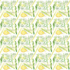 Repeating pattern of yellow citron, green branches, and text in Hebrew set on a white background.