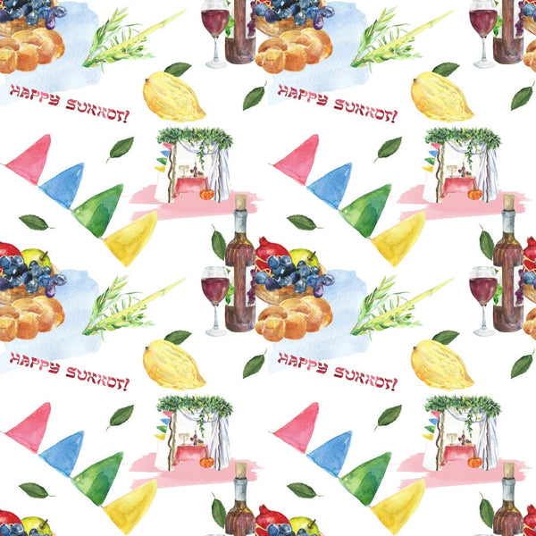 Colorful Sukkot-themed pattern with fruit, wine, leaves, hats, and the phrase Happy Sukkot! in watercolor style.