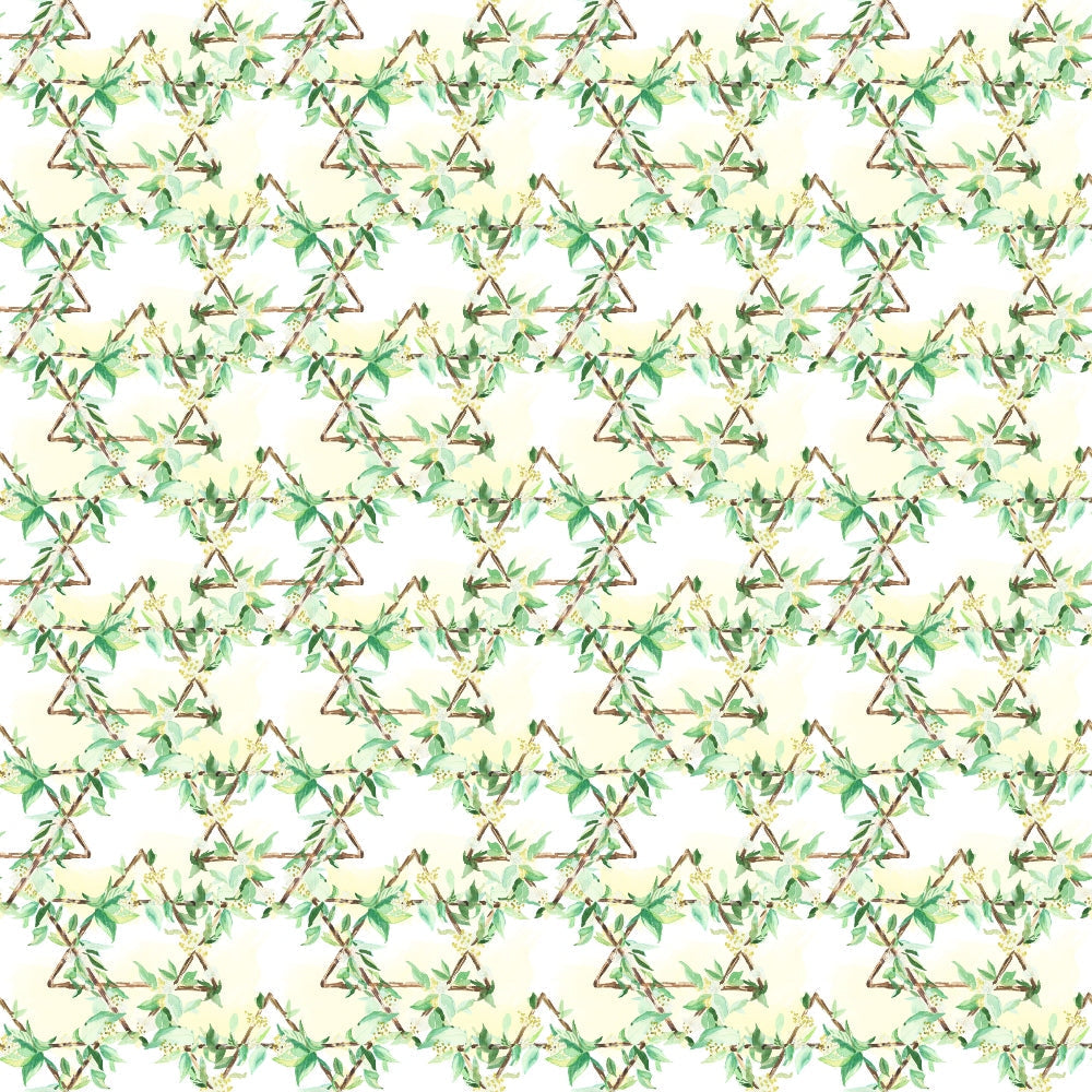 A repeating geometric pattern with green and beige floral designs forming diamond shapes.