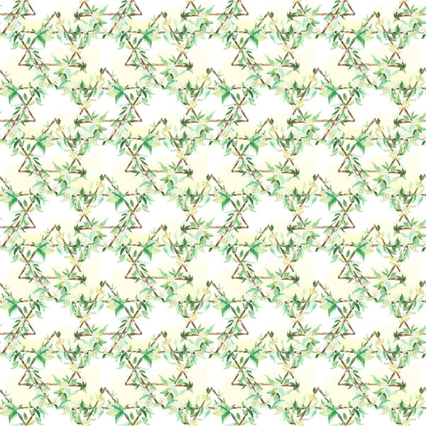 A repeating geometric pattern with green and beige floral designs forming diamond shapes.