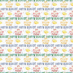 Repeating pattern of Happy Sukkot in English and Hebrew with illustrations of pomegranates, etrogs, and willow branches in green, yellow, red, and blue text.