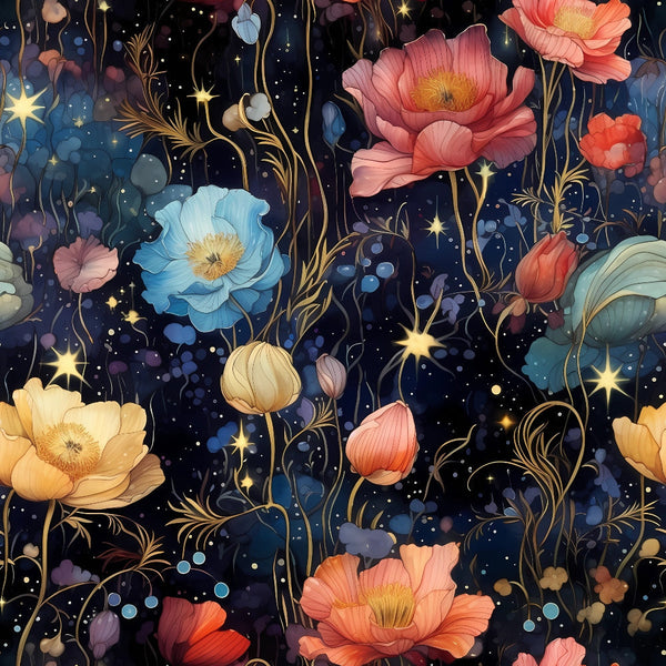 An illustration of colorful flowers, including blue, yellow, and red, set against a starry night sky background with gold accents.
