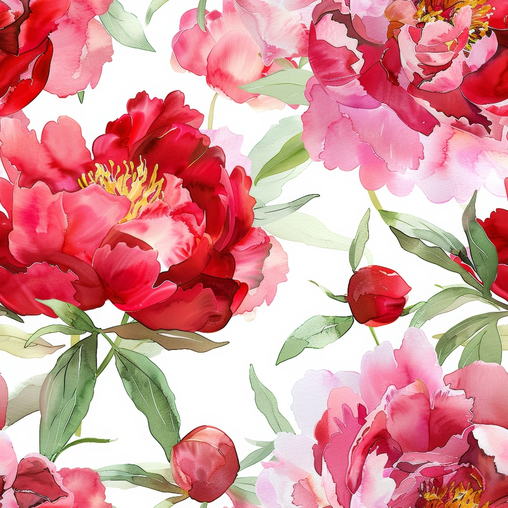 Red and pink peonies with green leaves on a white background, featuring watercolor-style blooms and buds.