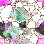 Abstract mosaic pattern with irregular geometric shapes in shades of pink, green, purple, and gray, outlined in gold.