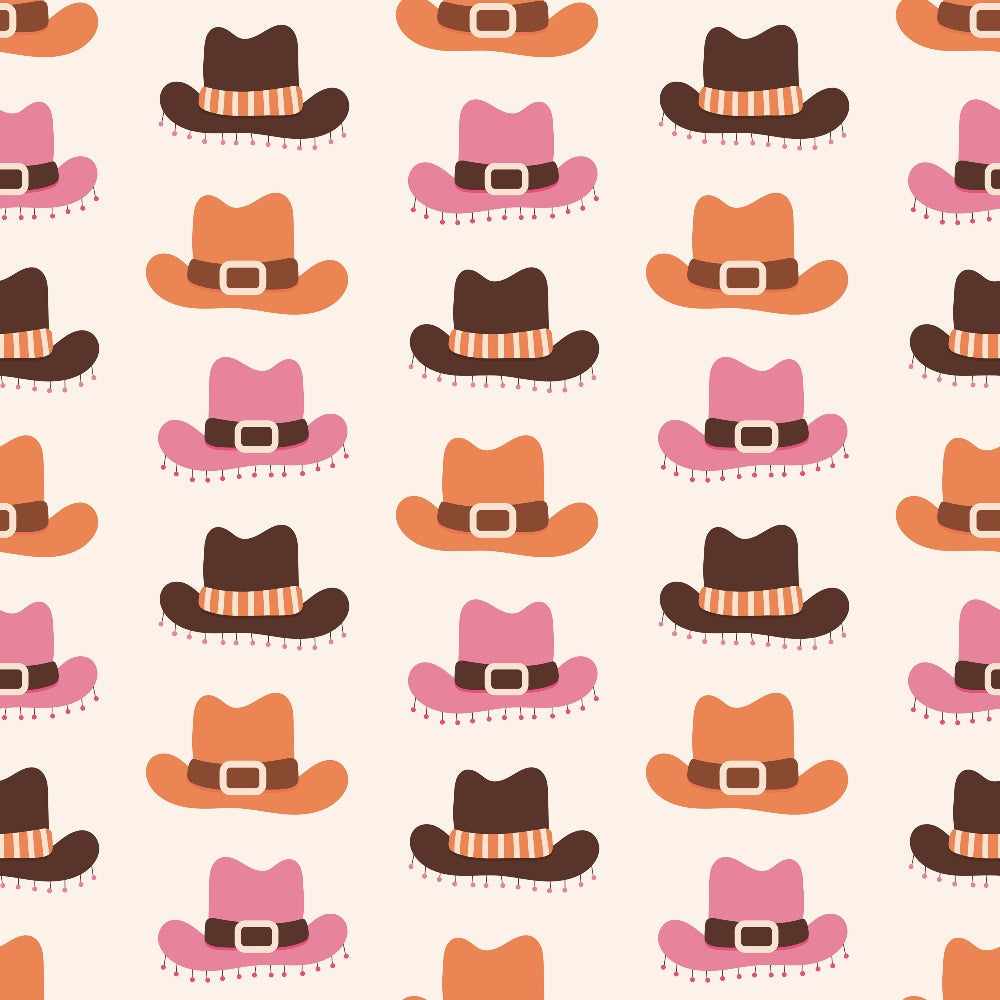 Pattern of brown, orange, and pink cowboy hats with belts on a light background.