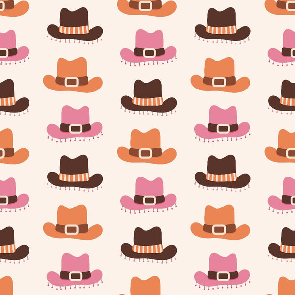 Pattern of brown, orange, and pink cowboy hats with belts on a light background.