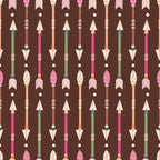Pattern of colorful arrows with feathers and pointed tips on a brown background.