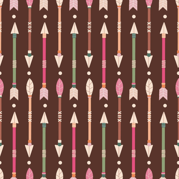 Pattern of colorful arrows with feathers and pointed tips on a brown background.