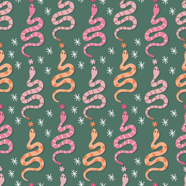 Pattern of pink and orange snakes with flowers and stars on a green background.