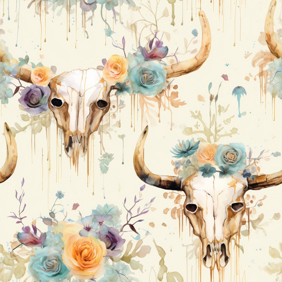 Floral Longhorn Pattern 1 Fleece Fabric