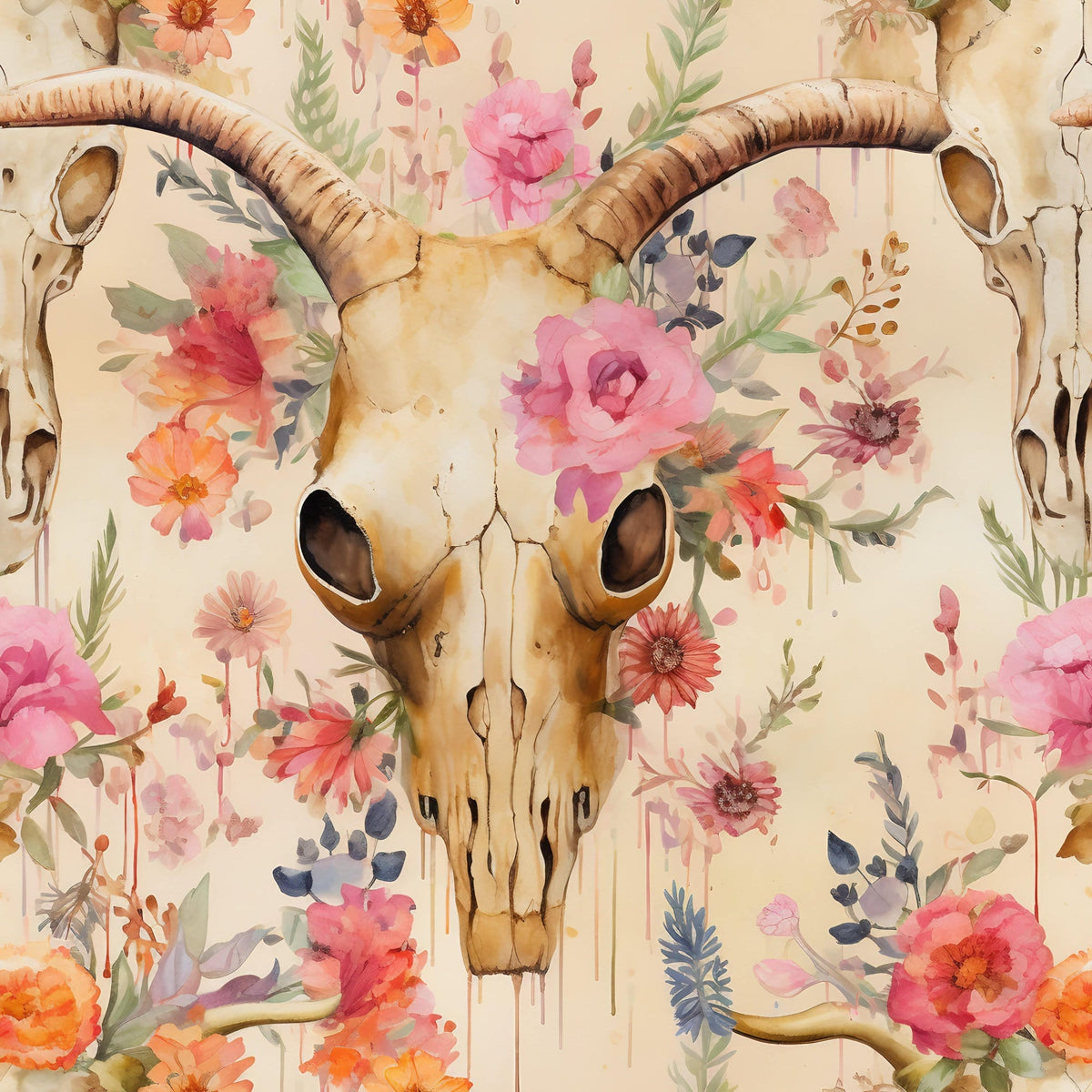Floral Longhorn Pattern 16 Fleece Fabric