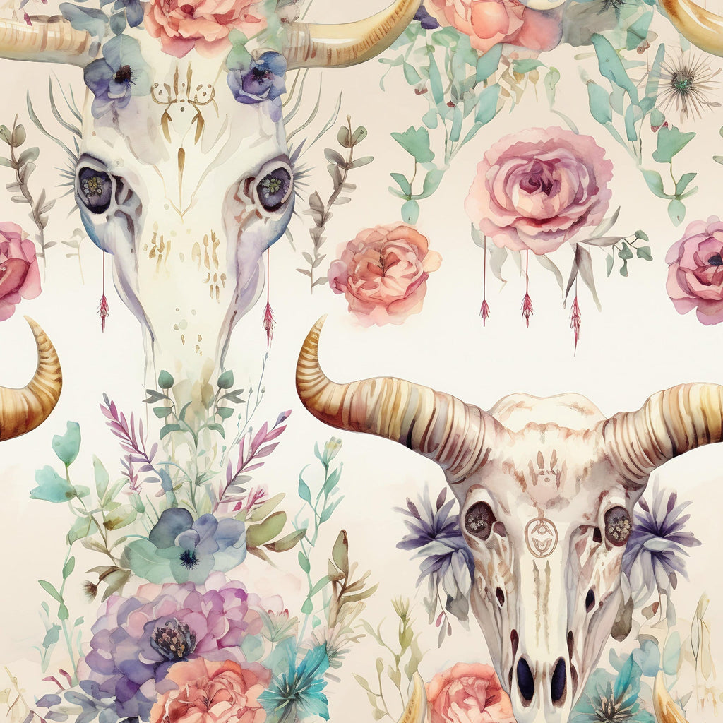 Floral Longhorn Pattern 19 Fleece Fabric