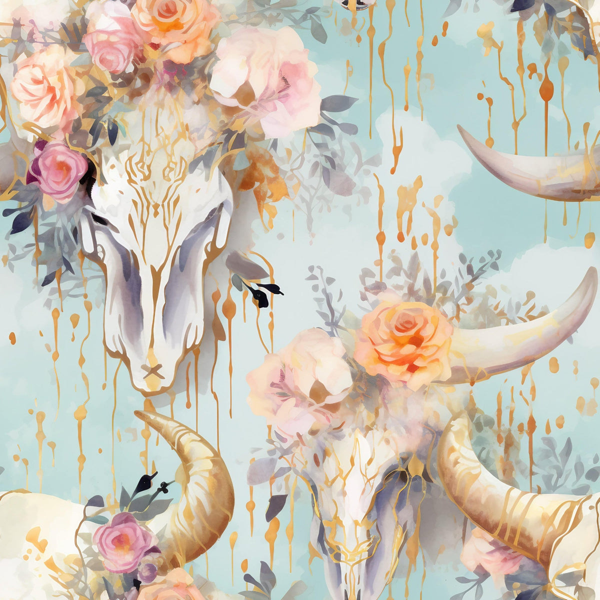 Floral Longhorn Pattern 2 Fleece Fabric