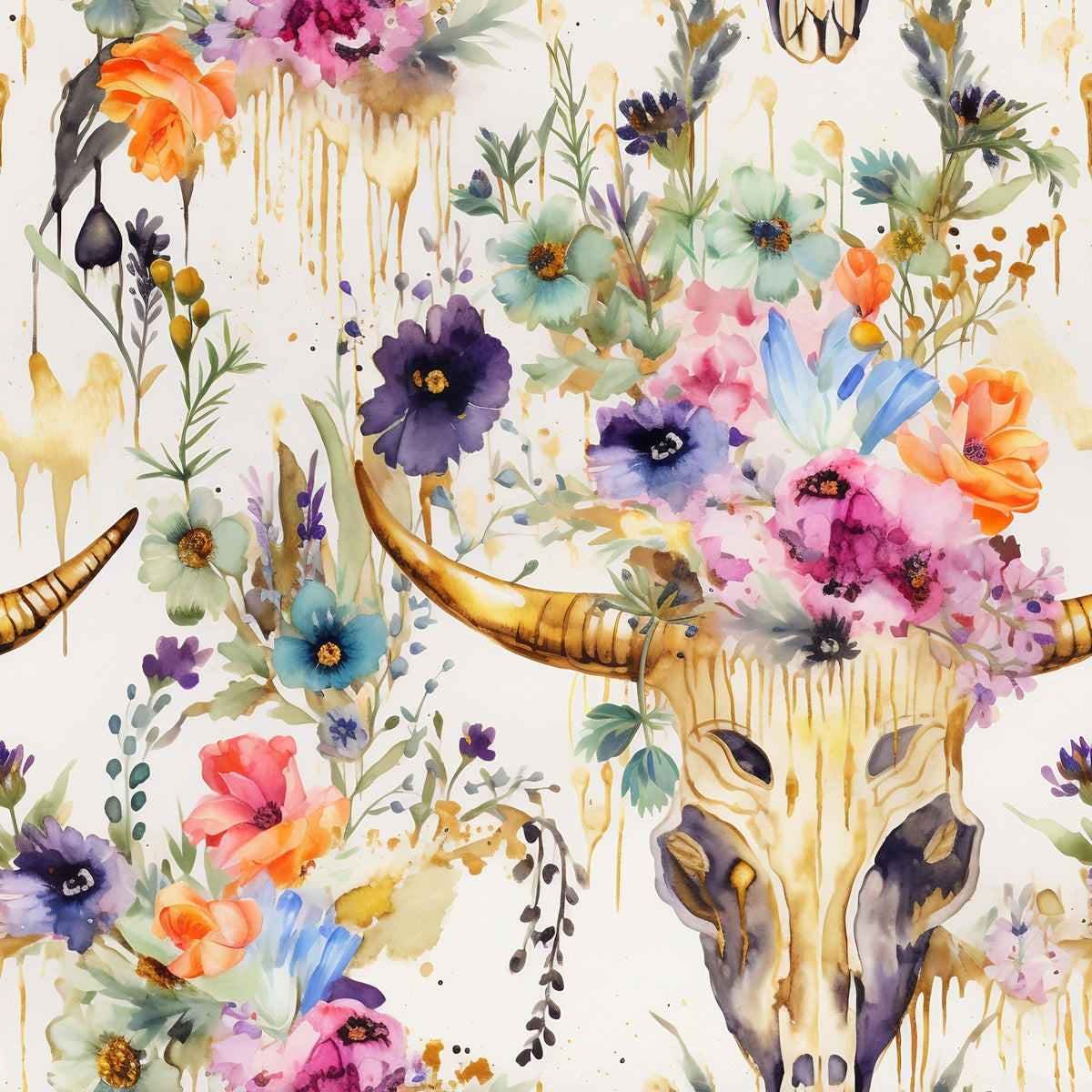 Floral Longhorn Pattern 8 Fleece Fabric