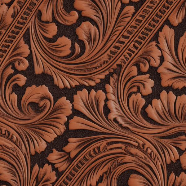 Saddle Blossom Pattern 11 fleece fabric with warm tan tooled floral scrollwork on a dark brown ground in a repeating western-inspired design