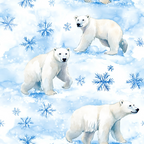 Winter Polar Bears fleece fabric with white polar bears walking through pale blue snow among blue snowflakes