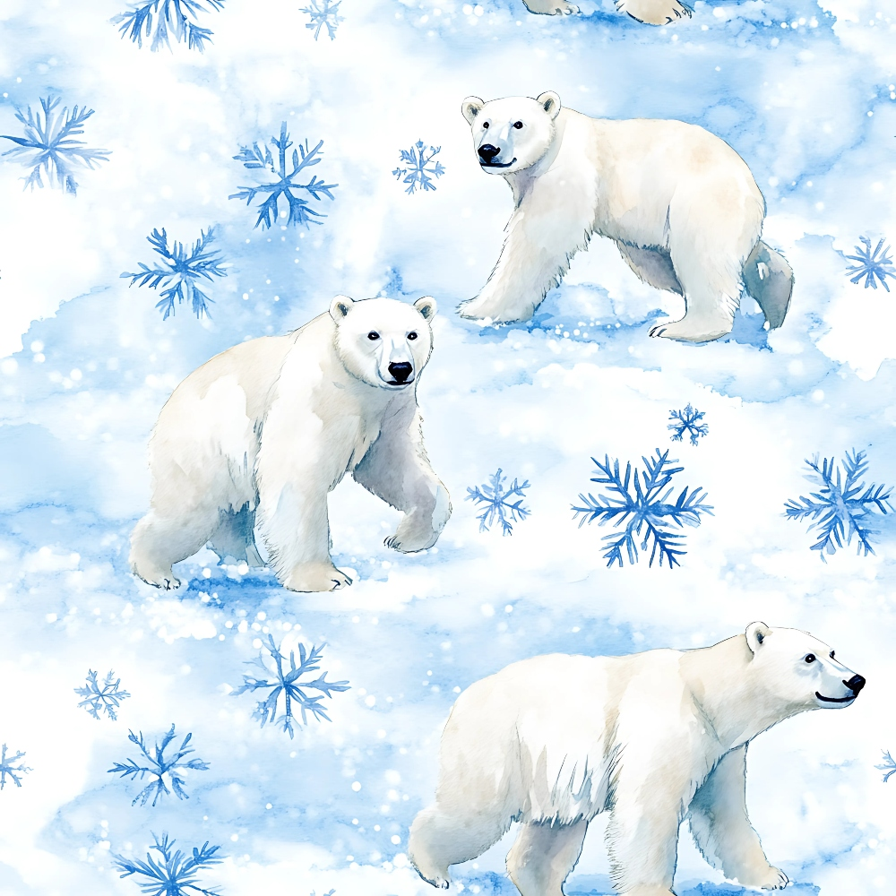Winter Polar Bears fleece fabric with white polar bears walking through pale blue snow among blue snowflakes
