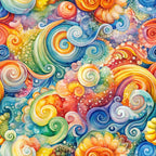 swirls, spirals, vortex pattern, watercolor style, rainbow colors, orange, blue, yellow, pink, purple, green, whimsical design, abstract art, flowing movement, circular motifs, vibrant hues,, fabric panel, artistic swirls, colorful spirals