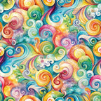 watercolor swirls, spiral patterns, rainbow colors, turquoise, magenta, yellow, orange, green, purple, abstract design, whimsical motifs, flowing movement, cotton fabric, quilting panel, vibrant hues, psychedelic style, circular spirals, artistic watercolor, colorful swirls, fantasy pattern