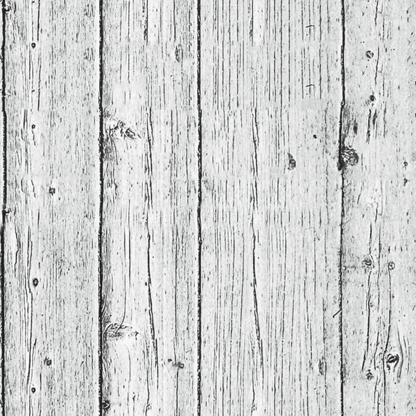 Weathered wooden planks with visible grain lines and knots, arranged vertically. The surface appears aged, with a light gray color and rough texture.