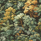 Illustration of a dense forest with various trees and plants in shades of green, yellow, and white, featuring detailed foliage and flowers against a dark background.