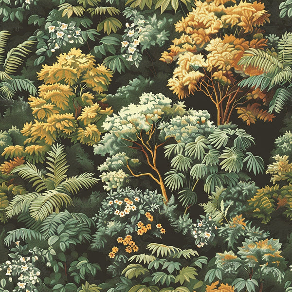 Illustration of a dense forest with various trees and plants in shades of green, yellow, and white, featuring detailed foliage and flowers against a dark background.