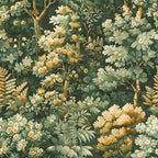 A lush forest scene with various green foliage, yellow and white flowers, and trees.