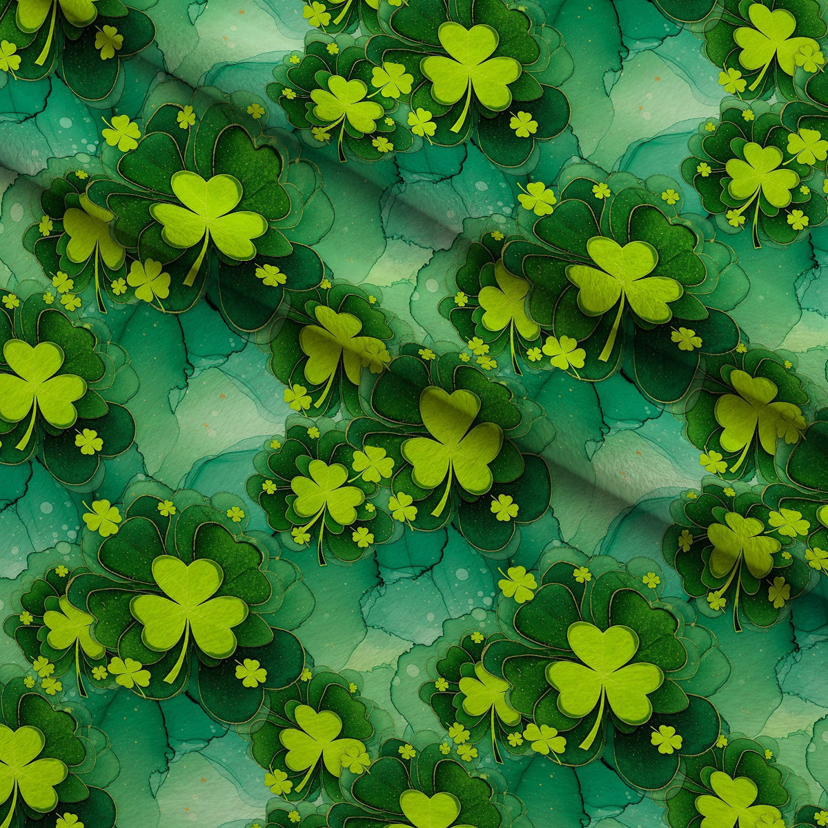 Alcohol Ink Shamrock Pattern 21 Fleece Fabric — fleece fabric folded close-up preview (mv-fleece-v1:lying)
