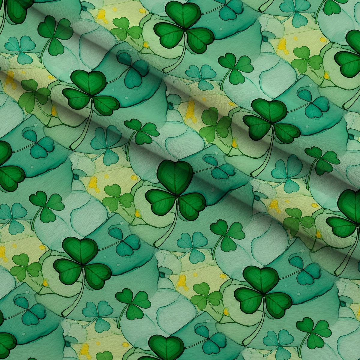 Alcohol Ink Shamrock Pattern 25 Fleece Fabric — fleece fabric folded close-up preview (mv-fleece-v1:lying)